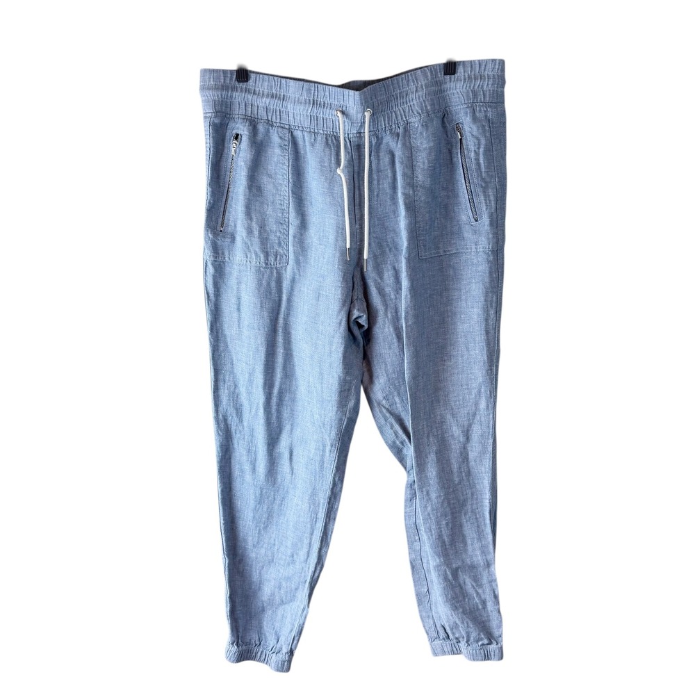 Athleta Cabo Linen Jogger Pants Blue Chambray Size 16 Elastic Waist Zip Pockets